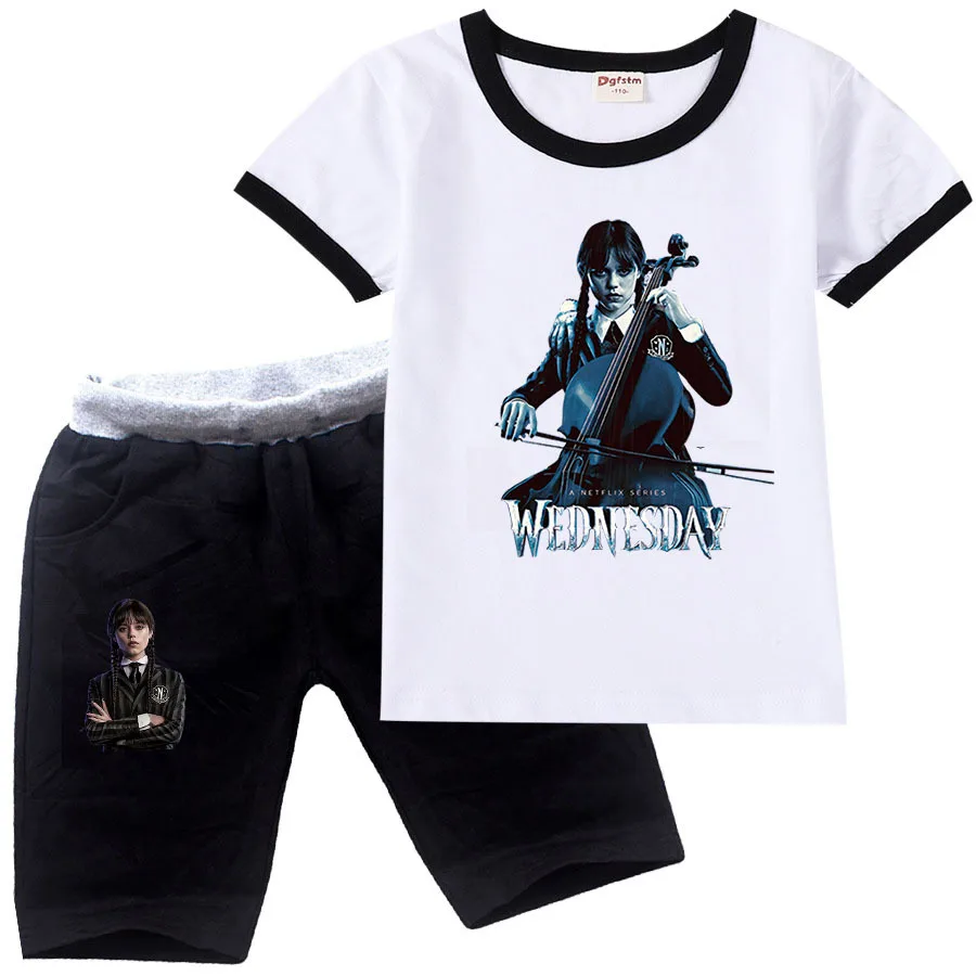 

New Wednesday Addams clothes Summer Children cotton Short Sleeve T Shirt Sleepwear Pyjamas Cartoon baby girl clothes Suit
