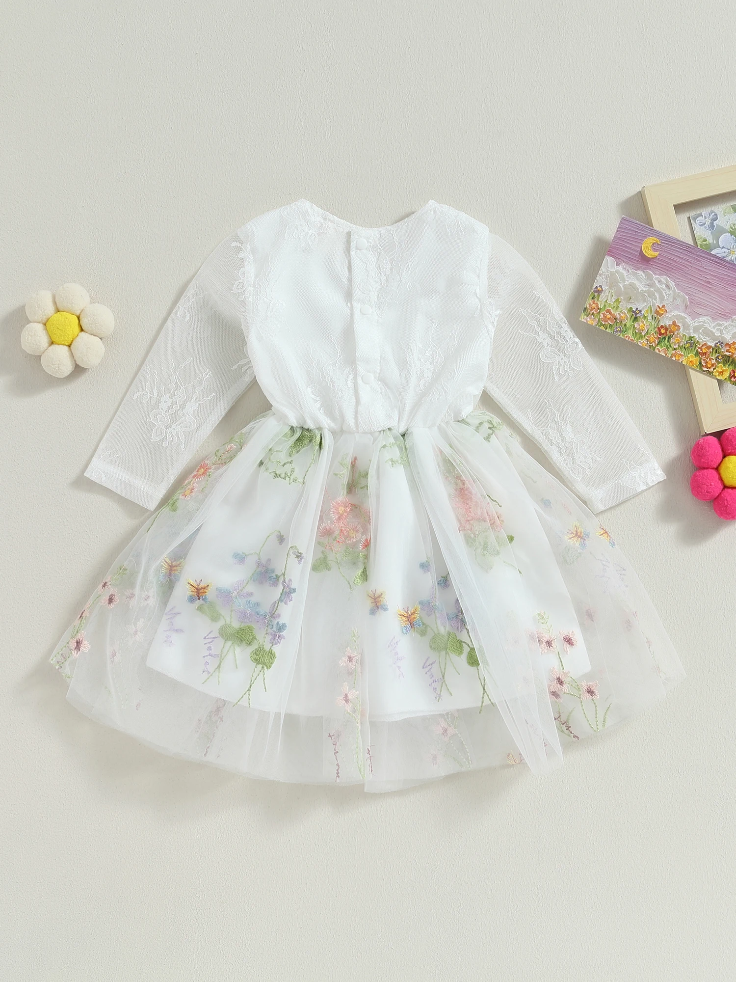 

Toddler Girl Winter Dress Long Sleeve Round Neck Floral Embroidery Lace Dress Kids Tulle Dress with Bow