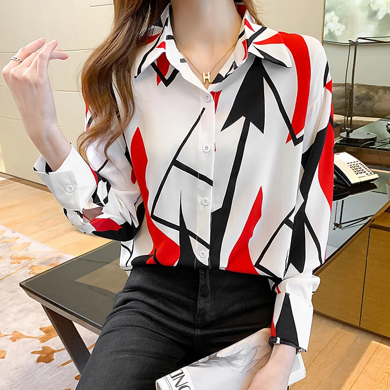 

Chiffon Women's Blouses New Fashion Buttons Top Casual Long Sleeve Polo Shirt Summer Geometric Print Female Clothes Movafag