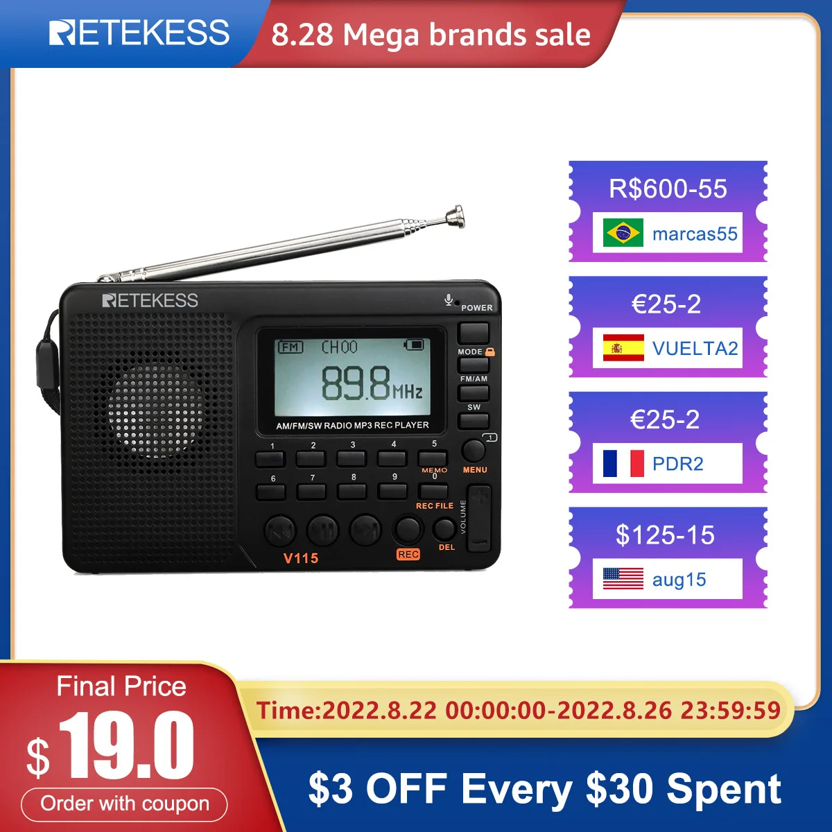 RETEKESS V115 Radio AM FM SW Portable Radio Shortwave FM Speaker Support TF Card USB REC Recorder Sleep Time