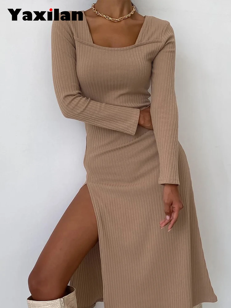

Yaxilan Knitted Square Neck Dress Women Elegant Slim Bodycon High Waist Split Dresses Office Lady Long Sleeve Autumn Clothing
