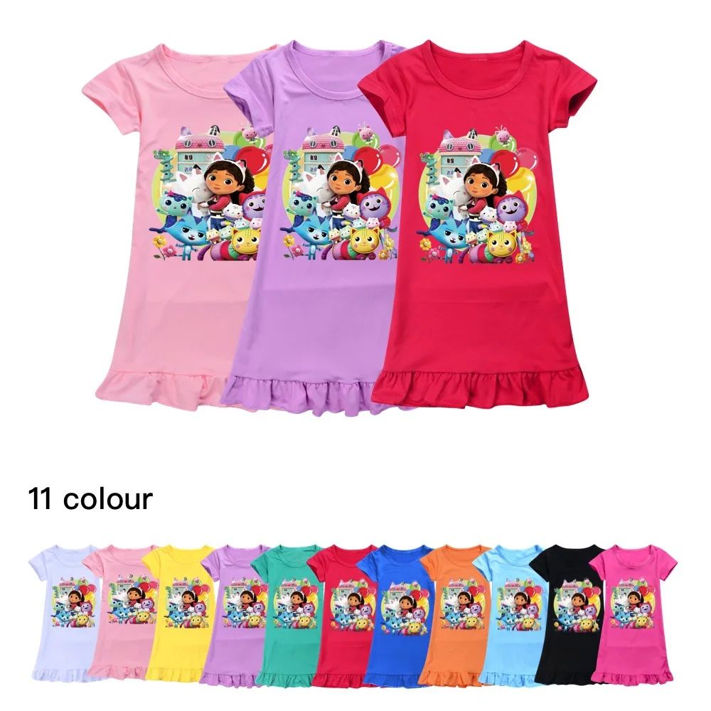 

Gabbys Dollhouse Children Clothes Kids Summer Pajamas Dress Baby Girls Short Sleeve Nightgown Cartoon Gabby Cats Sleep Wear