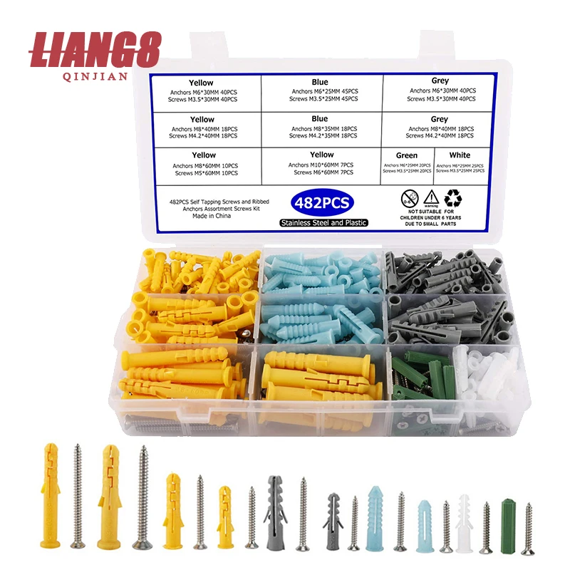 

482pcs Plastic Expansion Drywall Anchor Screws Tapping Screw Set M3.5 M4.2 M5 M6 Stainless Steel Expansion Tube Wall Plug