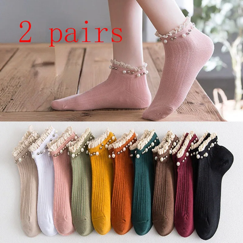 

(2 pairs) spring and autumn socks women's Korean version all-match socks Japanese pearl lace socks