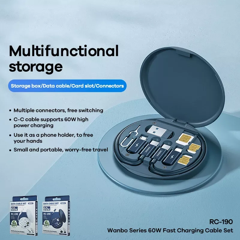 

RC-190 60W Protable Fast Charging Cable Multi-function Data Cable Holder Storage Box With Retrieve Card Pin