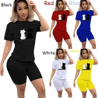 womens solid color casual short sleeve tee shirtscat print shorts two piece sets pantalones cortos de mujer tracksuit outfits