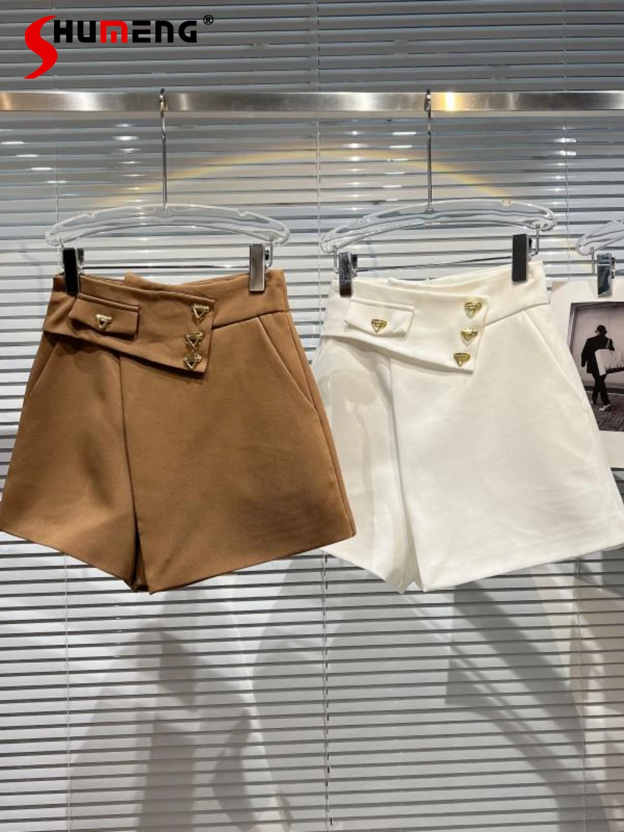 

2022 Autumn New Style Metal Buckle Beveled Irregular Suit Shorts Women Temperament Leisure Solid Color Shorts Female Hot Pants