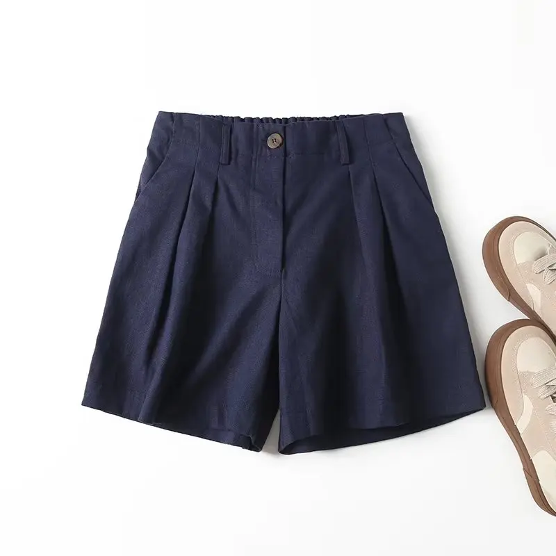 Elmsk England Fashion Indie Folk Linen Bermuda High Wasit Navy Color Casual Straight Shorts Women