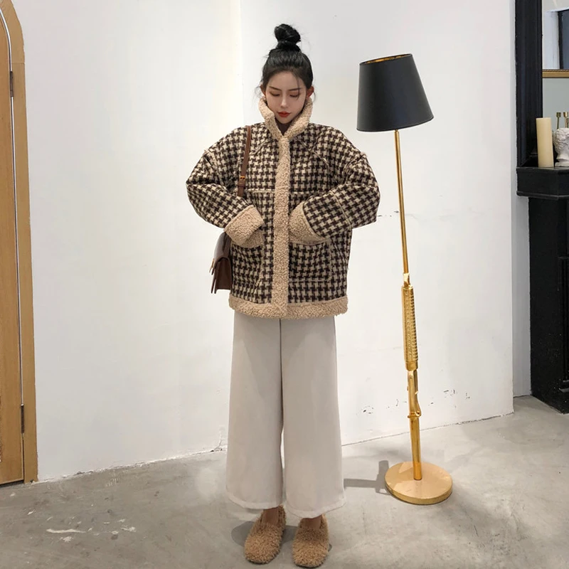 Retro Student Warm Plaid Long-sleeved Jacket Female Autumn and Winter Clothes New Style Thin Hong Kong-style Imitation Lamb Coat