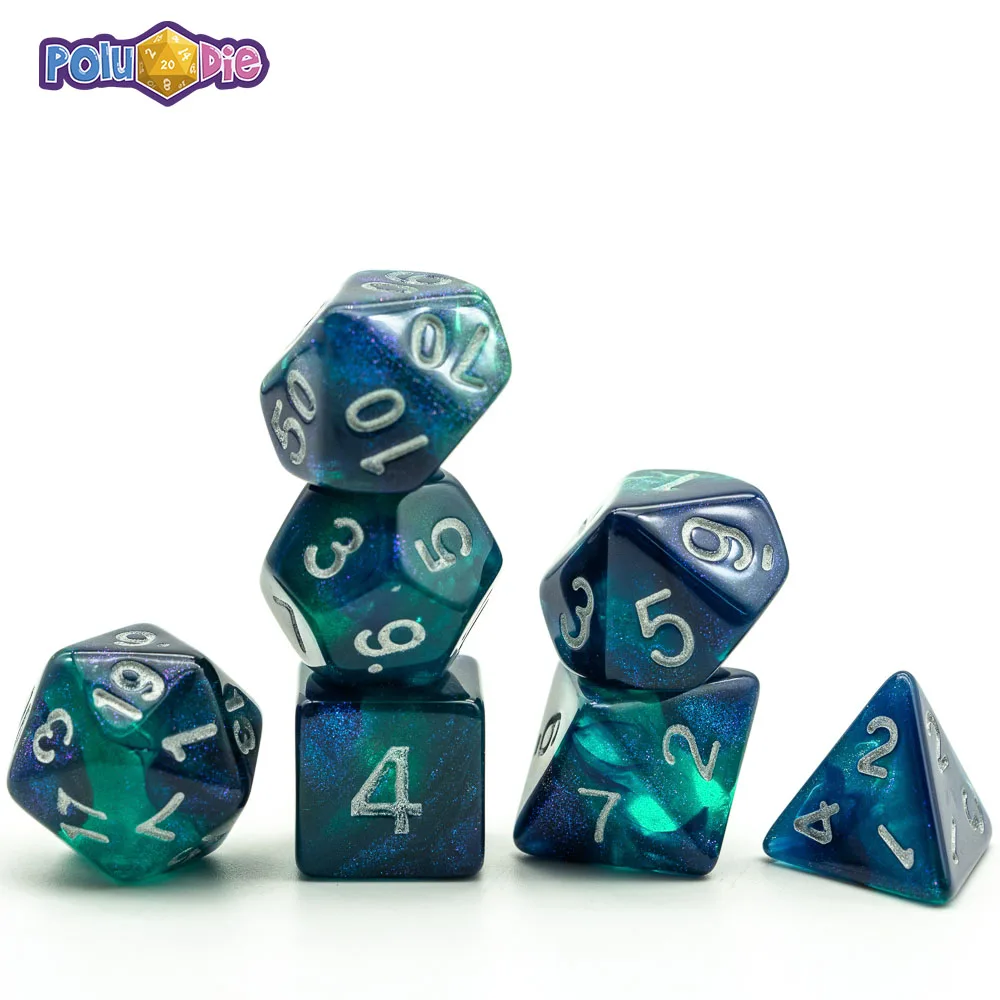 

Poludie 7Pcs/Set Blue Green DND Dice Sets D4 D6 D8 D10 D% D12 D20 with Glitter Polyhedral Dice for Role Playing Game D&D RPG MTG