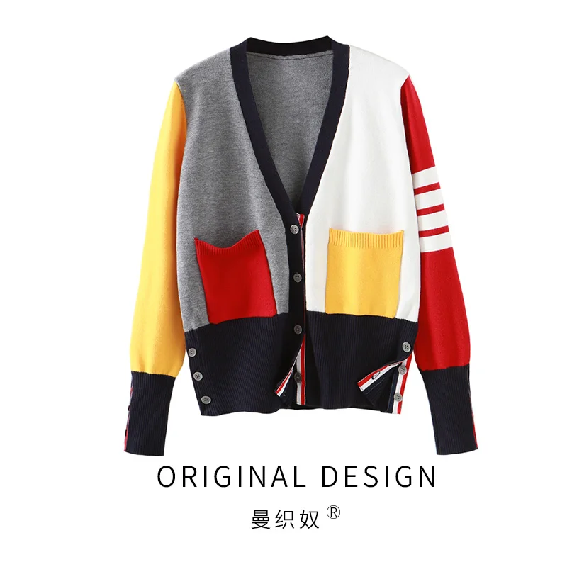 

Korean Style Cardigan Coat Women's Early Spring New Color Contrast V-neck Long Sleeved Sweater Loose Outerwear Top B Sweater