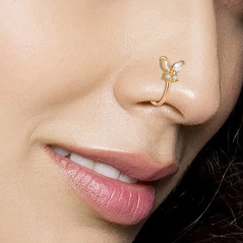 

1Pcs Creative Non-Pierced U-Shaped Nose Clip Copper Inlaid Zircon Star Love Butterfly Nose Ring Fake Nose Piercing Jewelry