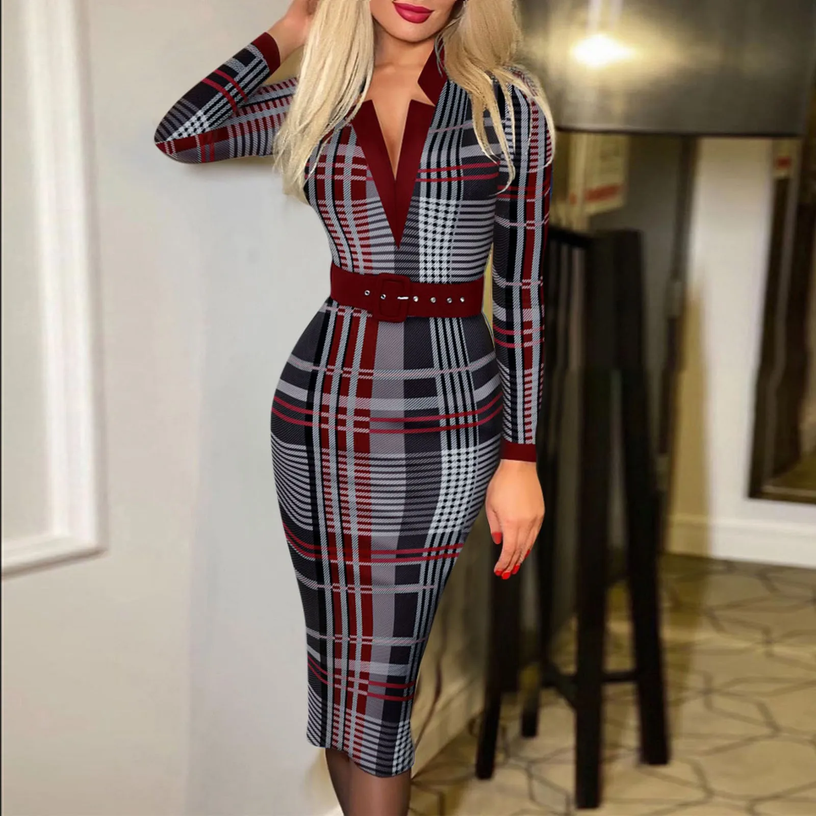 

Elegant Women Party Bodycon Dress 2023 Fashion V Neck High Waist Long Sleeve Dress Polka Dot Belt Woman Slim Evening Dresses
