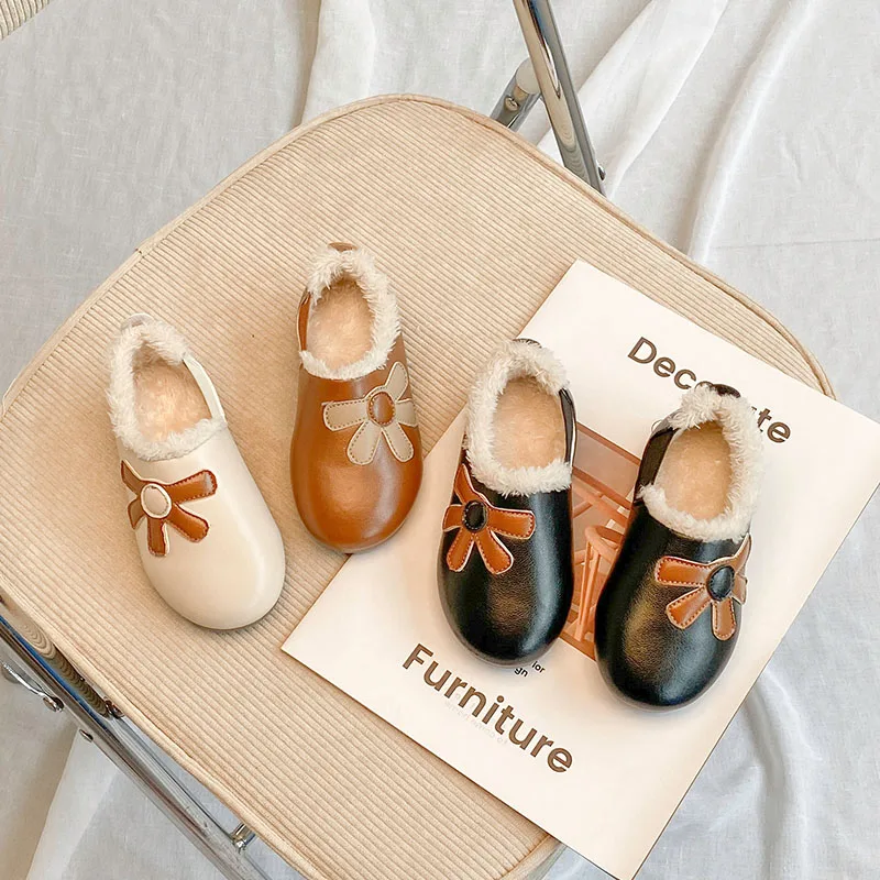 

Girls Cotton Kids Cotton-padded Shoes PU Splicing Winter 2022 School Casual Flats Simple Japanese Style Princess Moccasin Shoes
