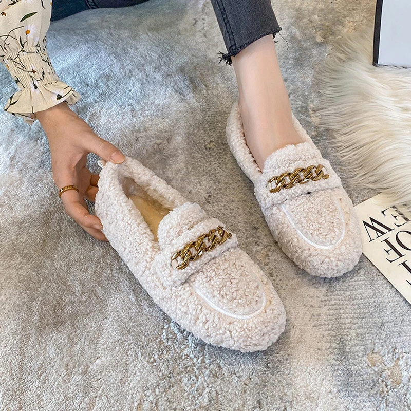 Designer Lambswool Winter Cotton Shoes Women Loafers Warm Comfy Curly Sheep Fur Flats Mocasines Mujer