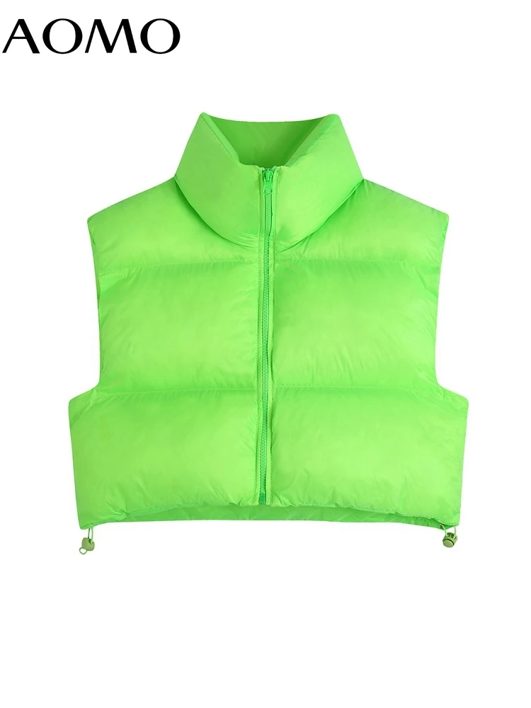 

AOMO Women Green Crop Sleeveless Crop Waistcoat Parkas 2021 Zipper Pockets Female Warm Elegant Outwear CE51A