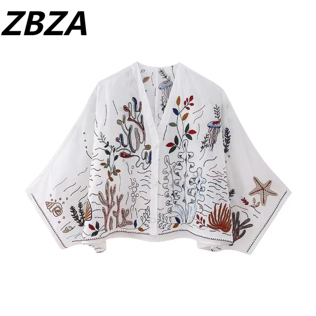 

ZBZA Женская Новинка 2023, модная весенняя хлопковая блузка с V-образным вырезом и вышивкой, винтажная женская рубашка с длинным рукавом и пуговицами, шикарные топы