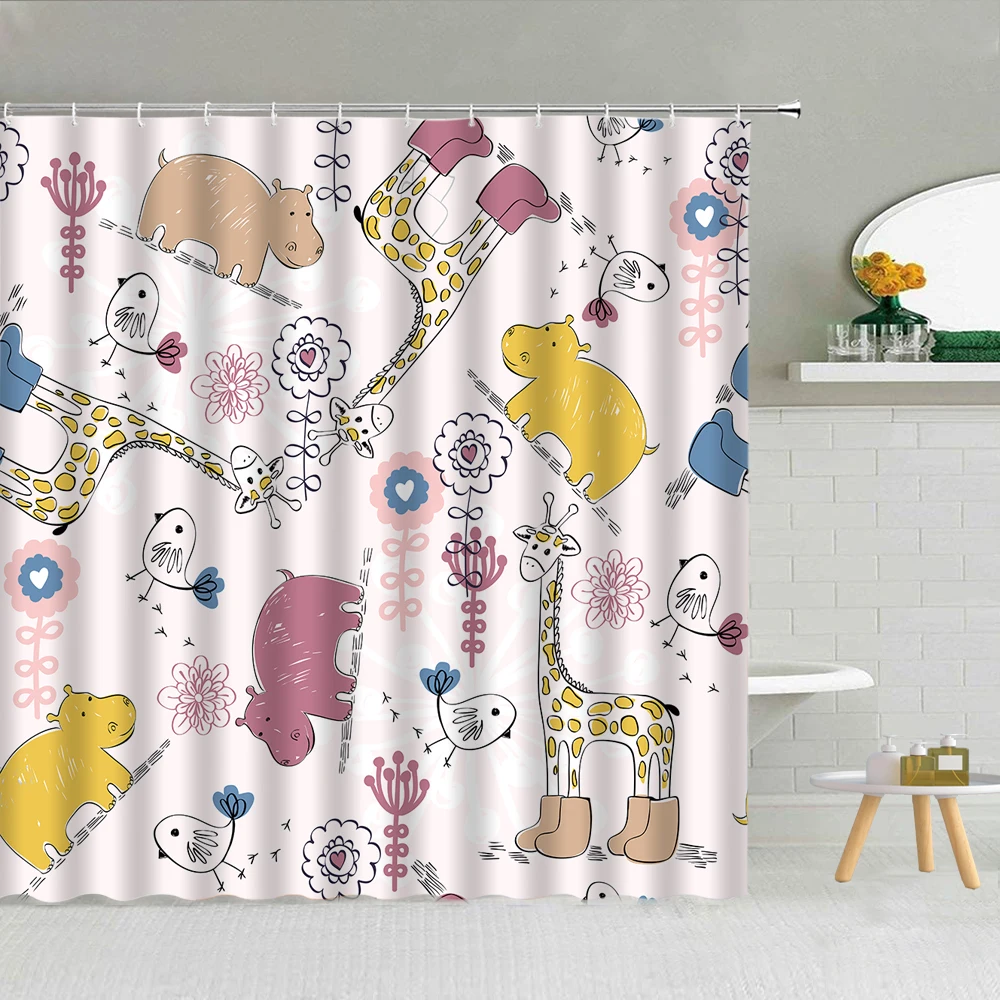 

Cute Animals Shower Shower Curtain Elephant Owl Alpaca Fox Bear Giraffe Kids Bathroom Decor Waterproof Fabric Curtains