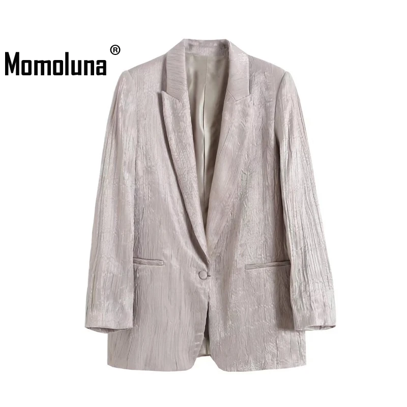 

Momoluna Women Elegant Wrinkled Silk Satin Blazer Donna