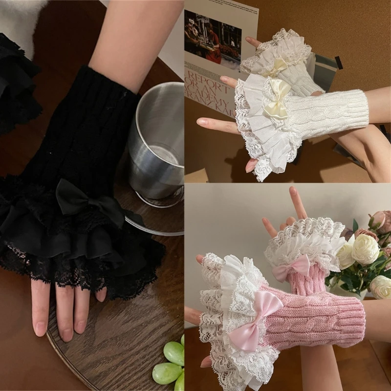 

Womens Knitting Floral Lace Wrist Gloves Elastic Lace Ruched Cuff Y2K Bridal Cuffs for Wedding Party drop shipping