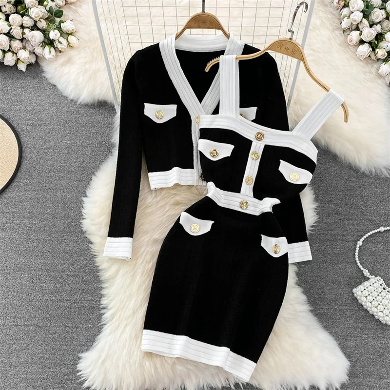 

Elegant Women's Knitted Dress Suit Sexy Two Pieces Sets High Waist Sleeveless Bodycon Party Dress + V-Neck Sweater Cardigan Q342