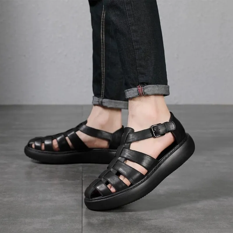 Сандалии ручной работы из коровьей кожи обувь на платформе с вырезами в клетку