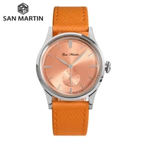 san martin mens dress watch 38mm sunray salmon dial ronda 7156004 quartz movement vintage simple watches 5 bar leather strap