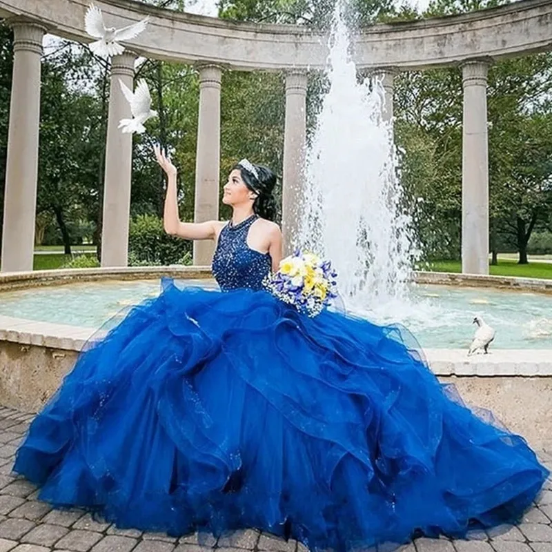 

Royle Blue Halter Neck Sweet 16 Quinceanera Dresses Sequins Lace Applique