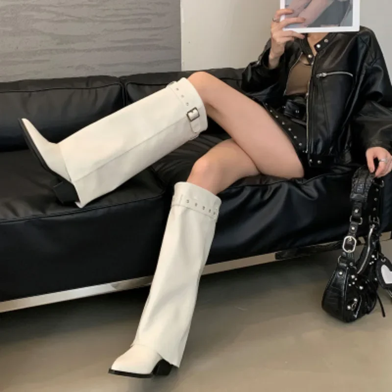 Мягкие брюки из натуральной кожи с разрезом женские сапоги до колена рыцарская