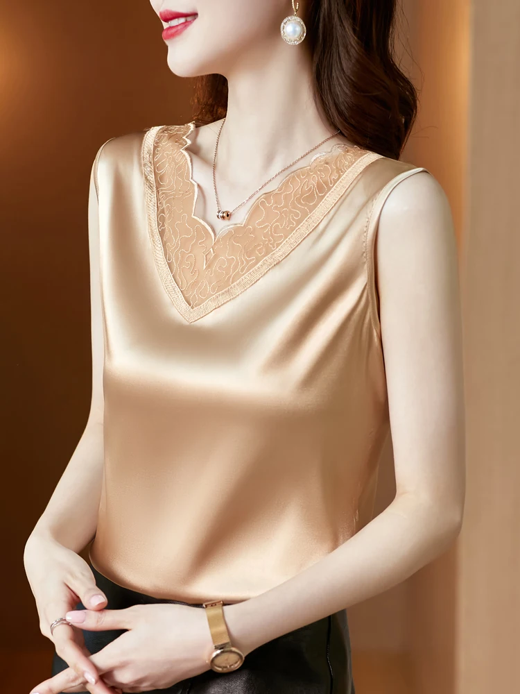 

Silk Women Tops Woman Satin Blouses Shirts Sexy Women Silk Lace Blouse Elastic Shirts Woman Satin V-neck Shirt Ladies Tops