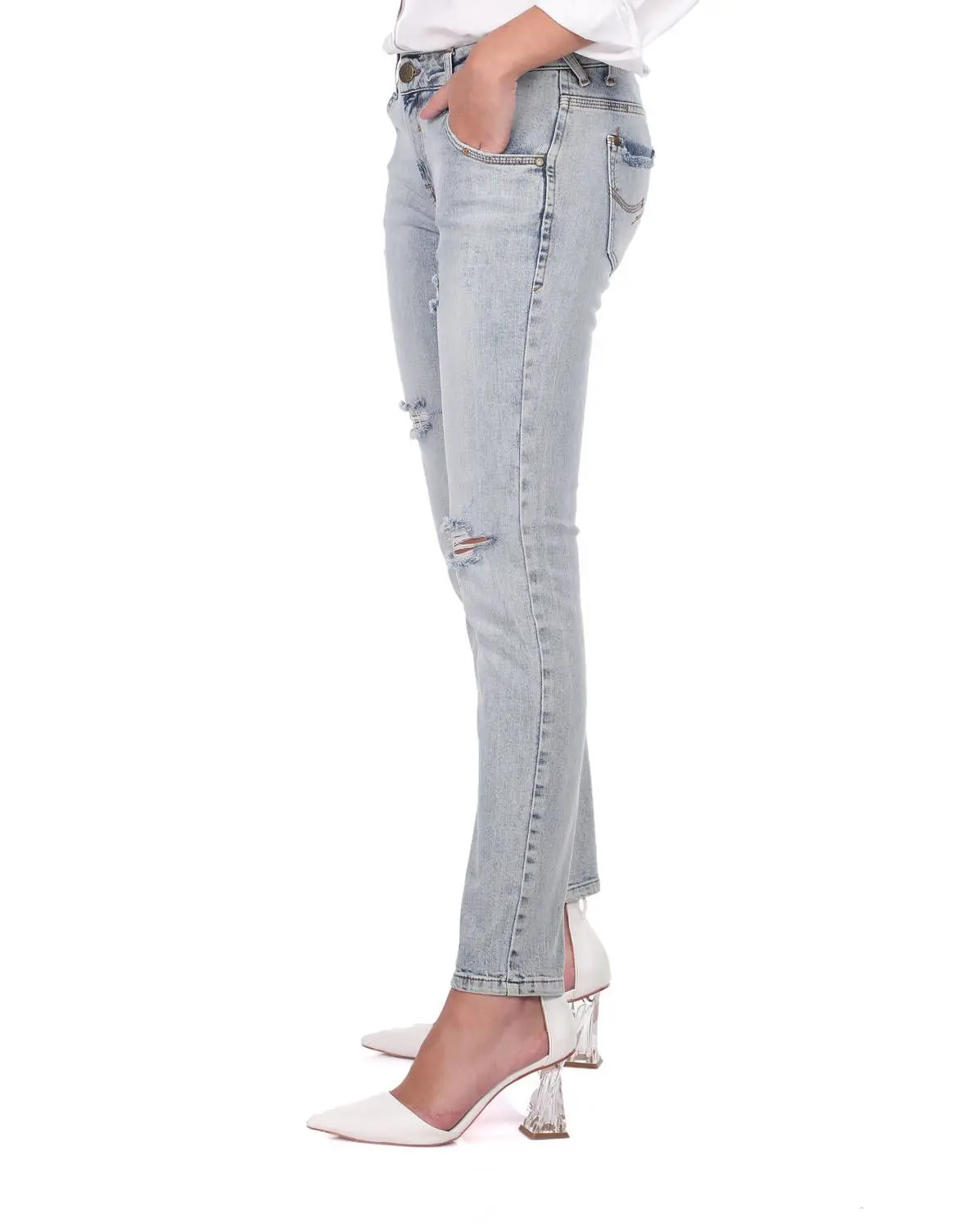 

Blue White Womens Low Waist Ripped Jeans