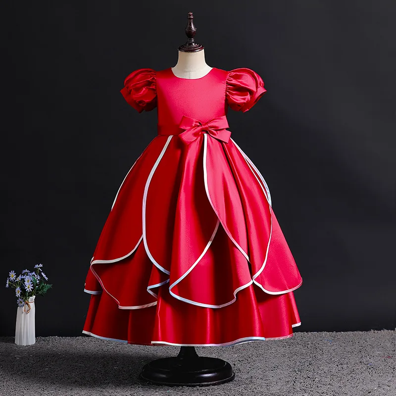 

2023 Princess Ball Gown for Teens Girl Baby Girls Satin Puff Sleeves Long Dress Infant Luxurious Vestidos for Stage Show Pageant