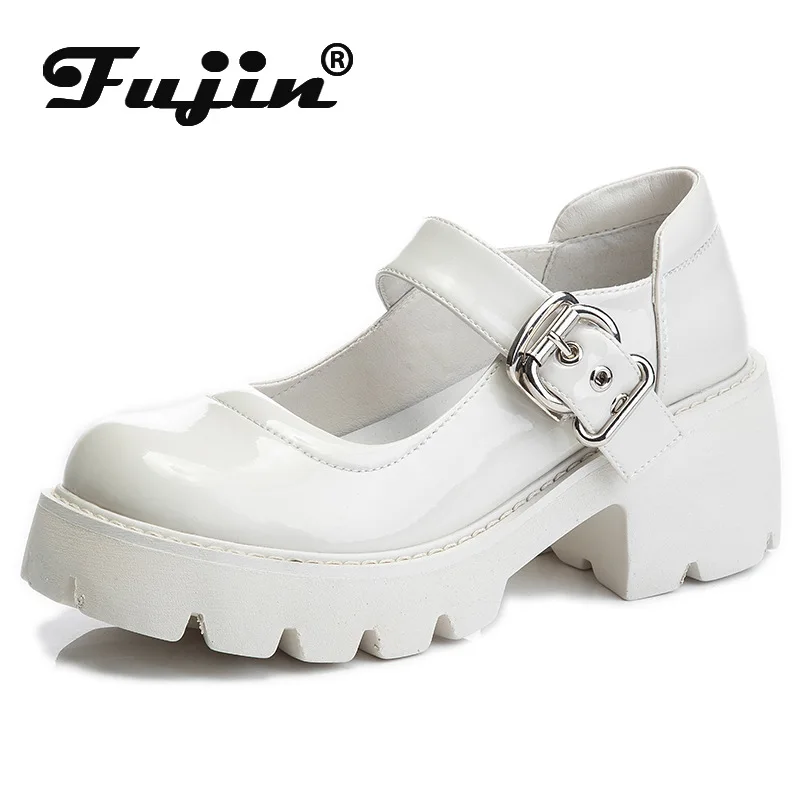 

Fujin 7cm Patent Genuine Leather Summer Ladies Platform Fashion Buckle Comfy Girl Preppy Style Girl Mary Jane Lolita Shoes Pumps