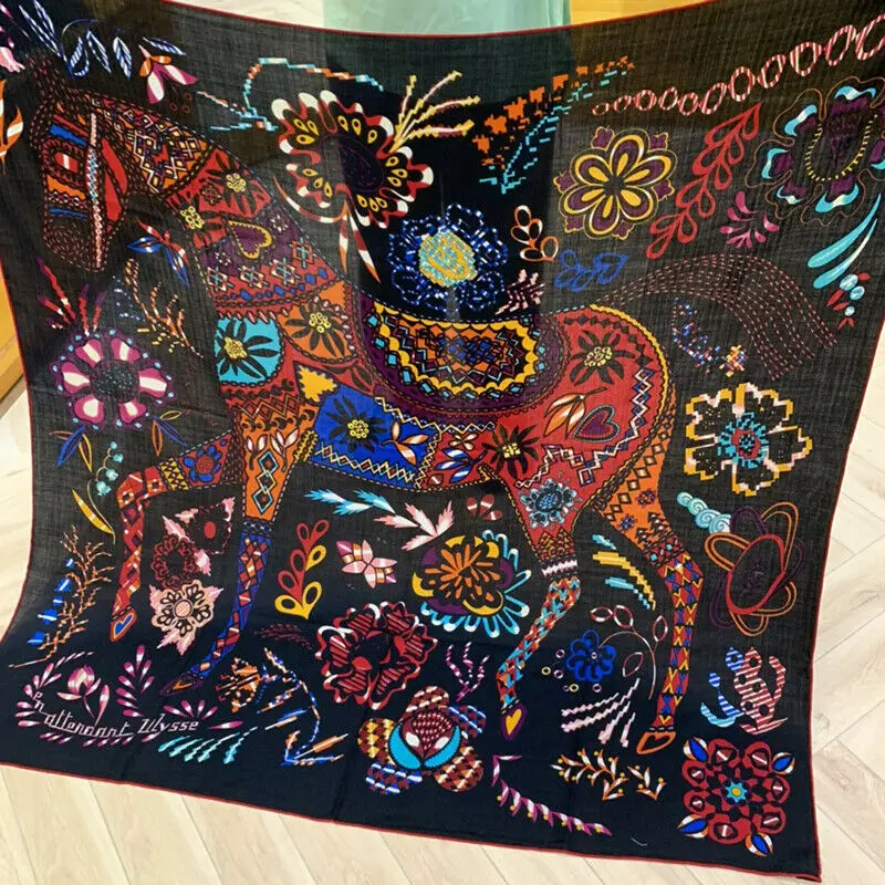 

Luxury 70% Cashmere 30% Silk Scarf Women Fashion Flower & Horse Print Shawl Stole Large Blanket Kerchief Hijab 135*135cm