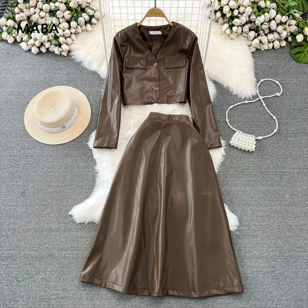 

Fashion Pu Two Piece Set Women Autumn Winter Long Sleeved V-neck Faux Leather Jacket+a-line Long Skirt Elegant Gorgeous Outfits