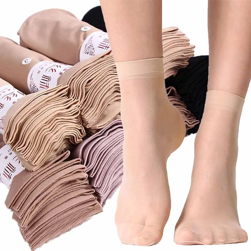 20Pairs Skin Color Transparent Thin Women Crystal Silk Socks Nylon Ladies Female Summer Short Ankle Elastic Silk Socks Meias