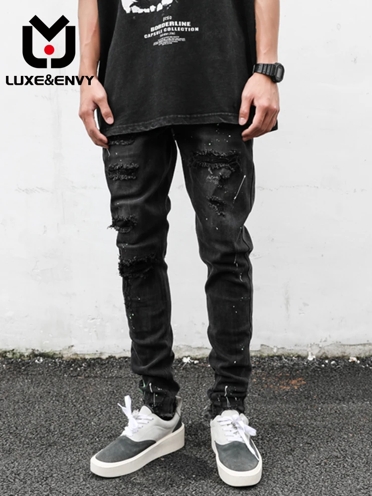 

LUXE&ENVY Men's High Street Niche Splash Ink Destruction Raw Edge Elastic Slim Feet Jeans Hip Hop Pants Spring Summer 2023 New