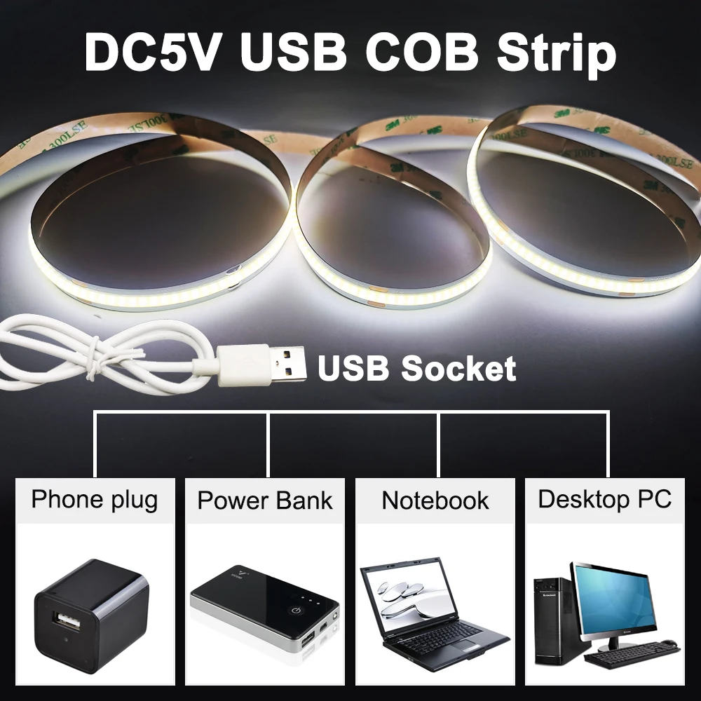 Полосковый светодиодный светильник DC5V USB COB High Density Linear Lighting 328 светодиодов/м FOB гибкий 10 мм диммируемый тейп 3000K/4000K/6000K RA90 0,5 м - 2 м включенный.