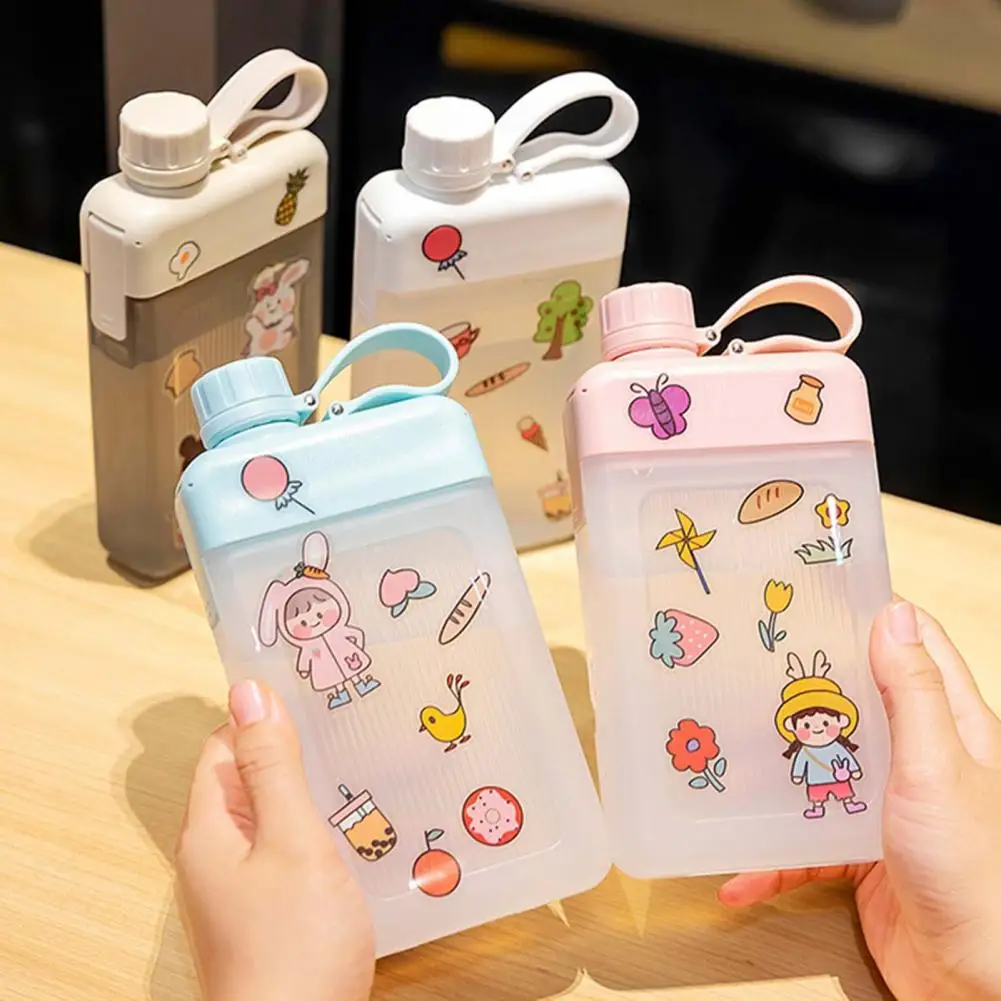 

450ml Sport Bottle with Lanyard Leak-proof Transparent Drinking Bottle Creative Square Flat Water Bottle Outdoor Sports