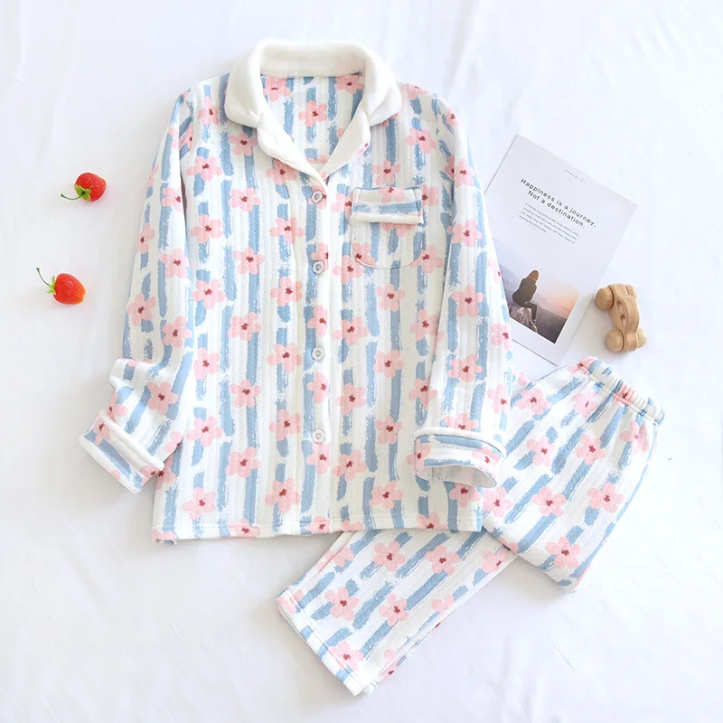 

Pijamas Algodon Mujer Autumn/winter Air Cotton Thick Keep Warm Pajamas Set Women New Loose Long Sleeve Two-piece Set Home Wear