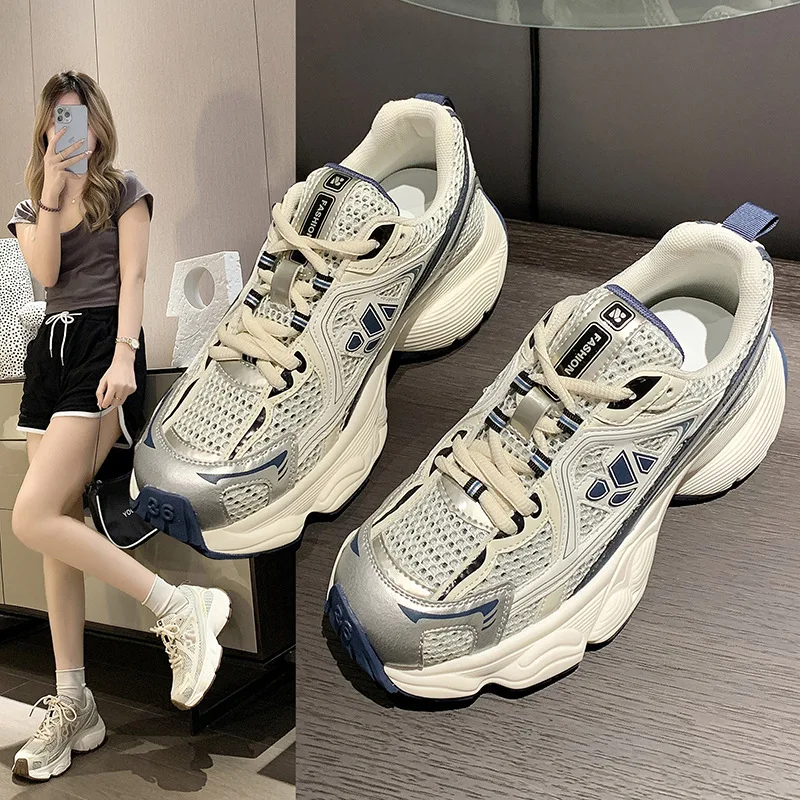 

Женские кроссовки на массивной платформе, сетчатые дышащие кроссовки на толстой вулканизированной подошве, со шнуровкой, на осень, 2023