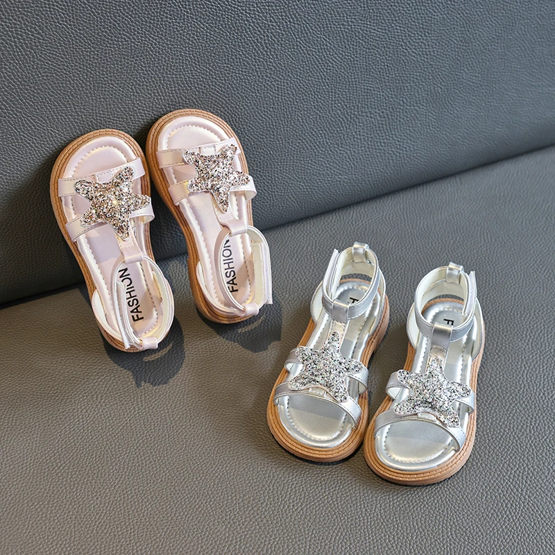 

Summer Girls T-strap Stars GLADIATOR Sandals Fashion Kids Silver Beach Shoes Sequins Shining Princess Shoes 6-13Y Roman Shoes