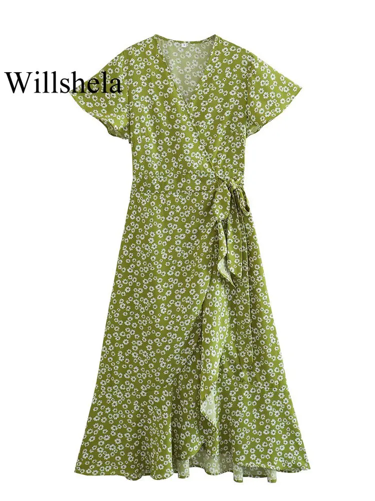 

Willshela Women Fashion Floral Printed Lace Up Front Slit Midi Dress Vintage V-Neck Short Sleeves Female Chic Lady Dresses