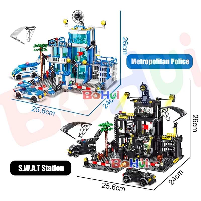 

SWAT Police Station Military City Model Set Prison Car Policeman Boat Figures Building Blocks DIY Toy for Kids Boy with Gift box