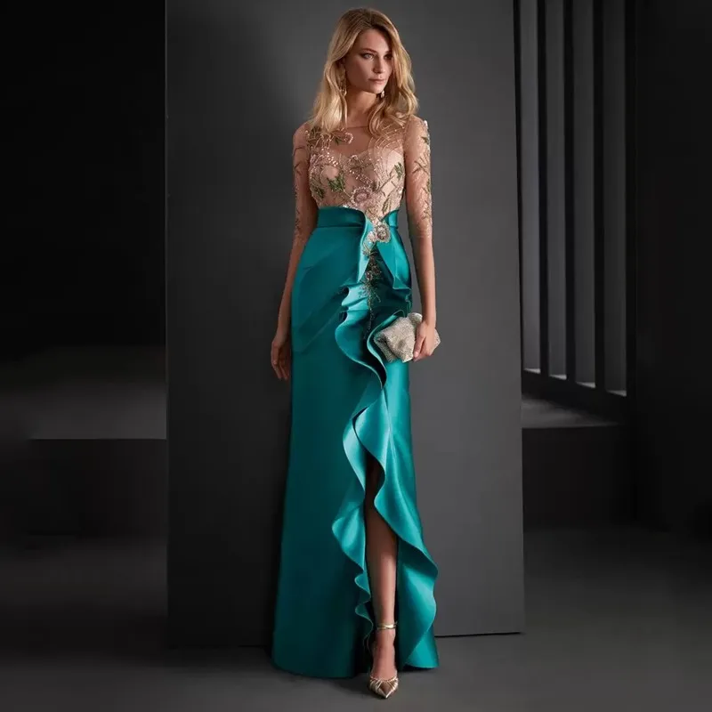

2023 Mermaid Prom Evening Dresses Wear Beads O Neck Half Sleeves Sexy Side Split Women Formal Prom Gowns Cocktail Party Dress