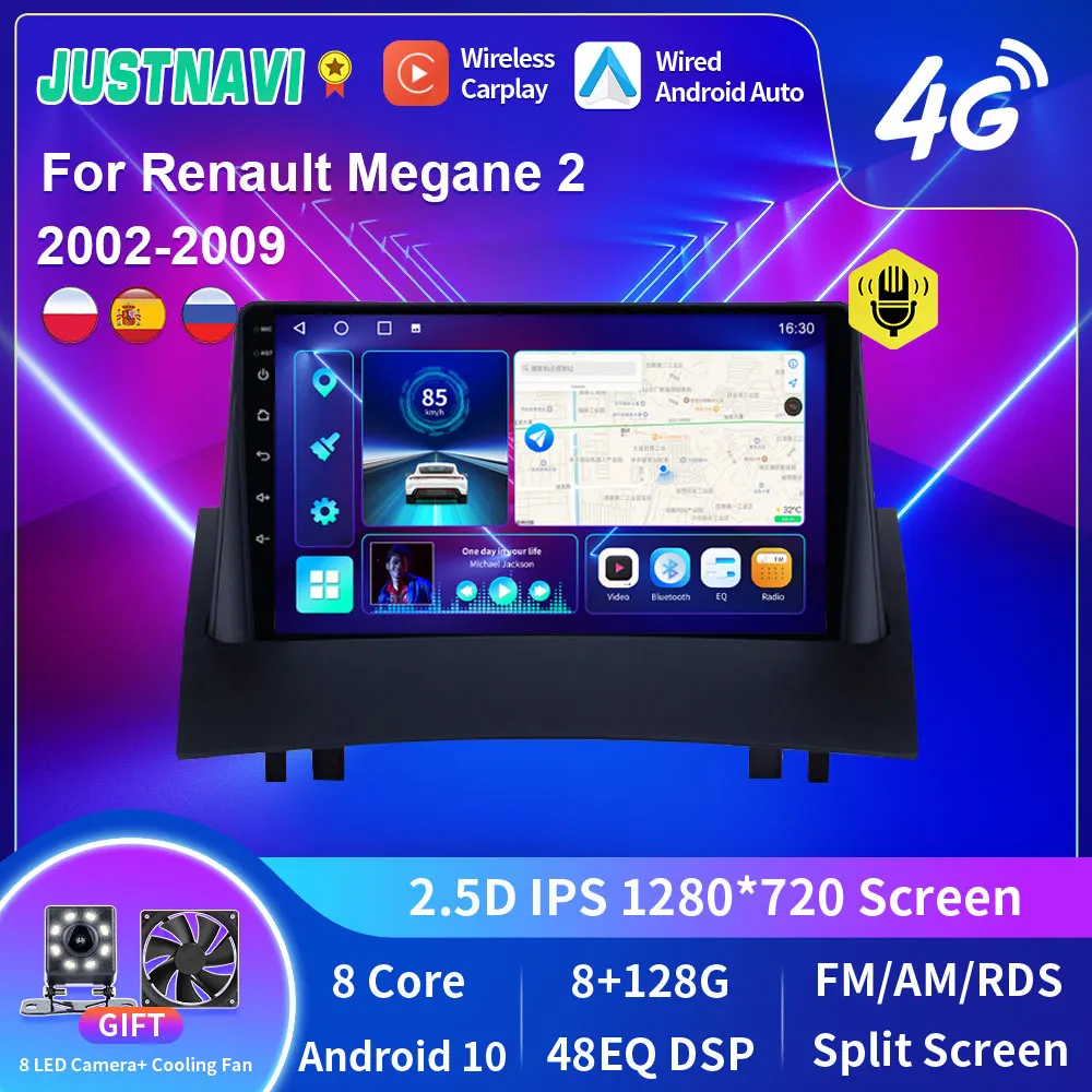 JUSTNAVI, Android 10, 8G, 128G, Radio de coche, navegación GPS para Renault Megane 2 2002-2009, unidad principal de reproductor de DVD Multimedia estéreo para coche