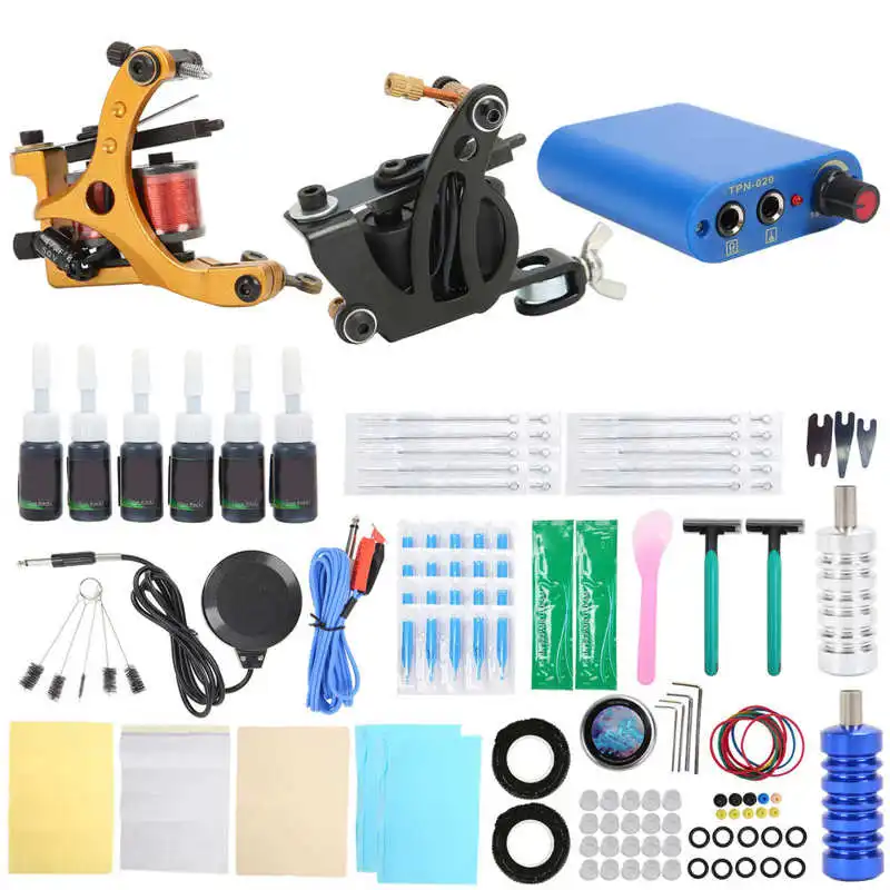 

Coil Tattoo Machine Kit Mini Tattoo Power Supply 10 Wraps Shader Complete Tattoo Set Black Practice Ink 8 Wraps Liner for Body
