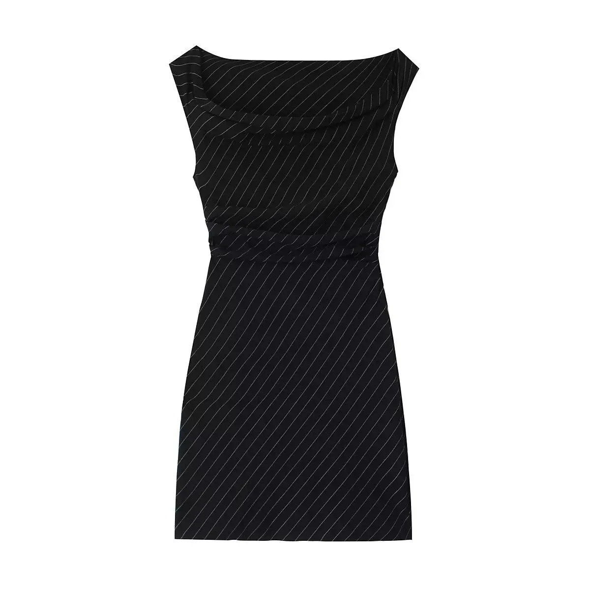 

TRAF 2023 Women Fashion Off Shoulder Striped Print Slim Mini Dress Female Chic Pleats Design Side Zipper Party Vestidos