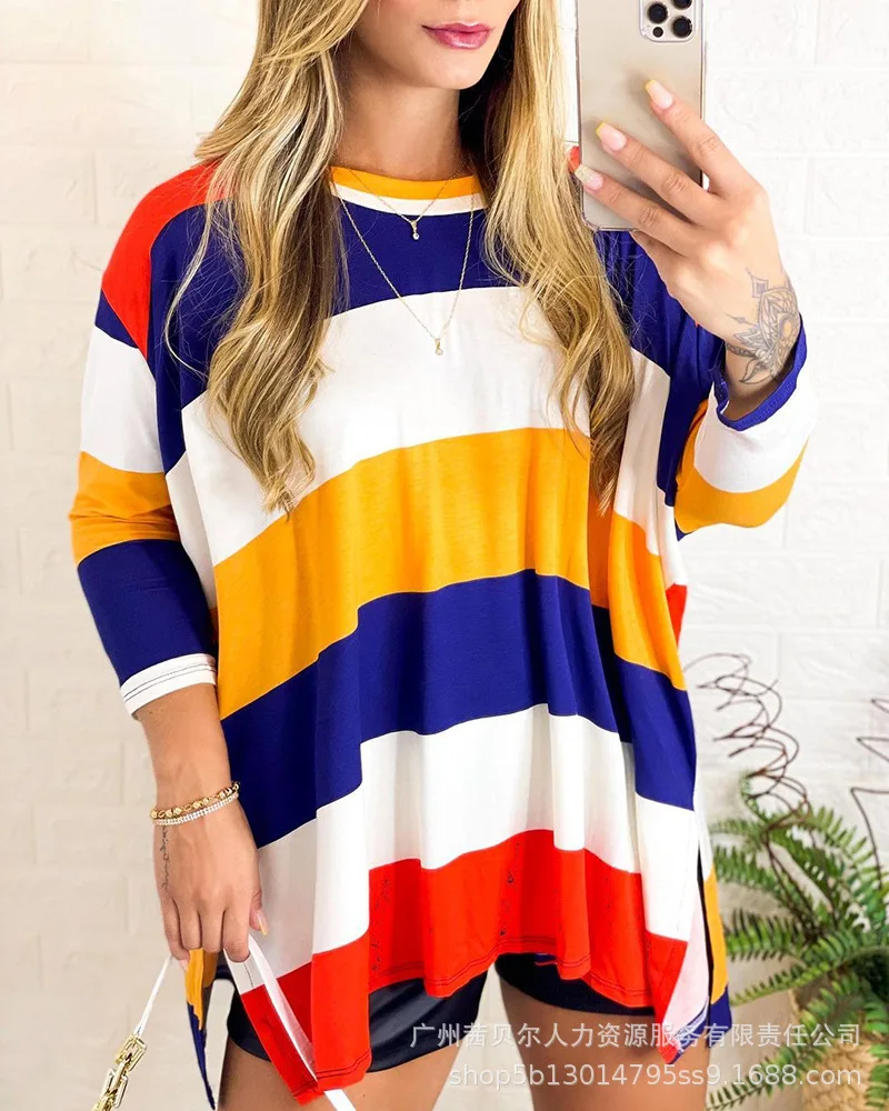 

Цветная полосатая футболка для женщин, повседневный модный Свободный пуловер с длинным рукавом, Топ 2022, летние женские футболки, женская од...