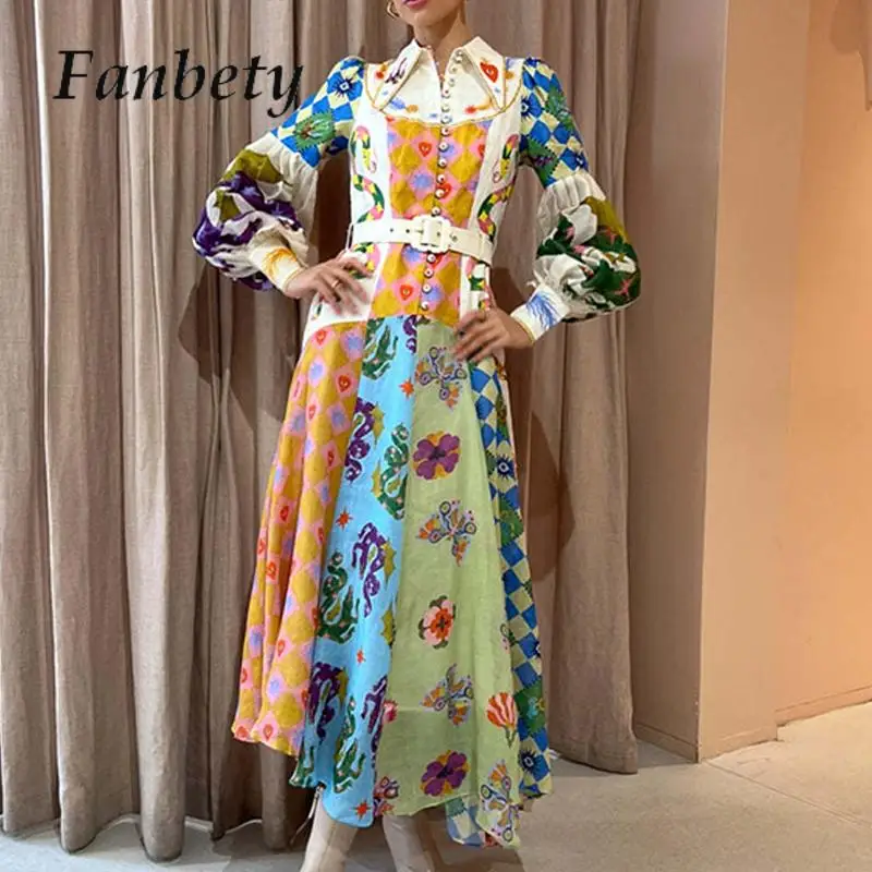 

New 2023 Cartoon Print Luxury Party Dress Women Spring Long Sleeve Pleat Loose Long Dress French Button Collar Princess Dress
